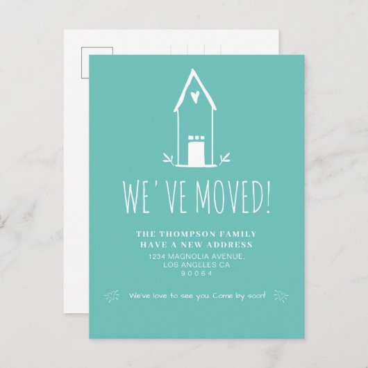 Kute Minimalist We hebben Blauwgroen verplaatsing  Aankondigingskaart (Voorkant / Achterkant)