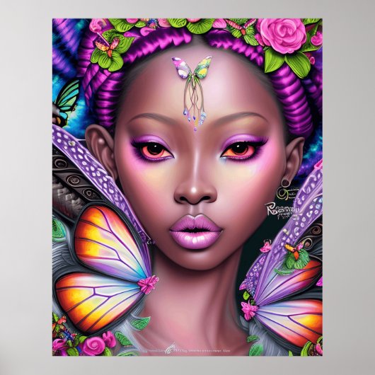 Kute mode girl butterflies psychedelische kleuren poster (Voorkant)