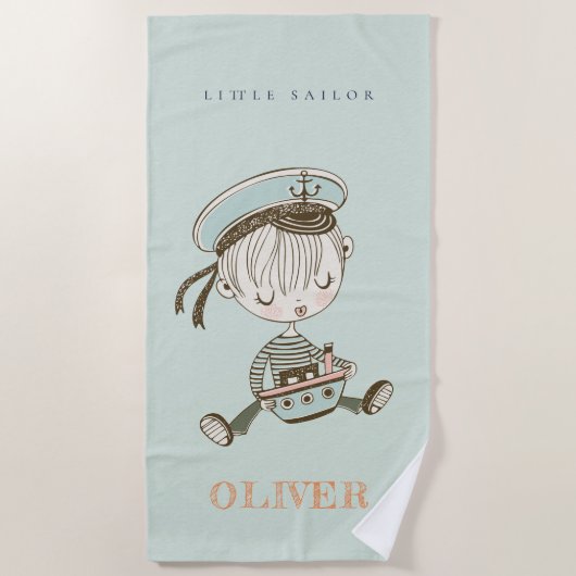 Kute Modern Aqua Blue Boys Little Sailor Nautical Strandlaken (Voorkant)