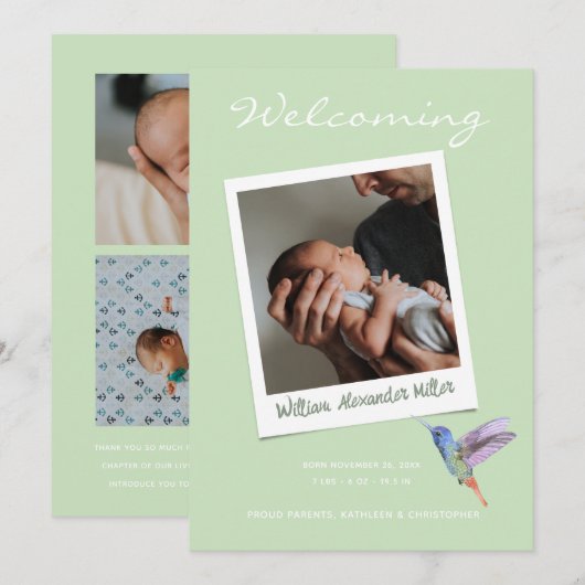 Kute Modern Sage Instant Photo Baby Birth Aankondiging (Voorkant / Achterkant)