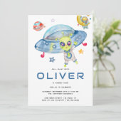 Kute Modern Space Alien UFO Birthday Party Kaart (Staand voorkant)