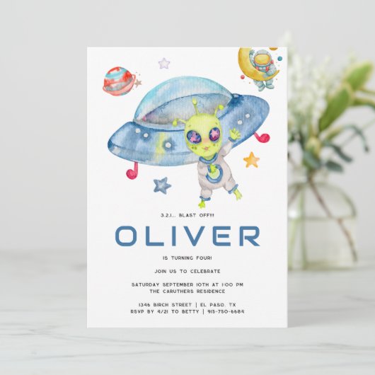 Kute Modern Space Alien UFO Birthday Party Kaart (Staand voorkant)