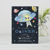 Kute Modern Space Alien UFO Birthday Party Kaart (Staand voorkant)