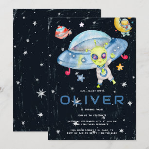 Kute Modern Space Alien UFO Birthday Party Kaart