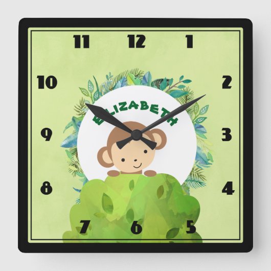 Kute Monkey die van achter op een Struik kijkt Vierkante Klok (Voorkant)