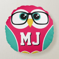 Kute Monogram Owl Wearing Glasses Round Pillow