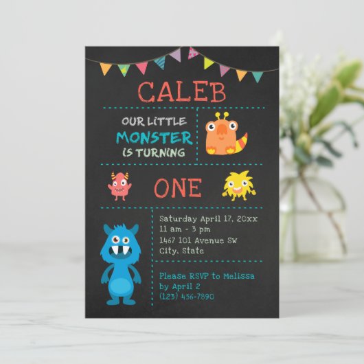 Kute Monster 1e verjaardag Chalkboard Banner Kaart (Staand voorkant)