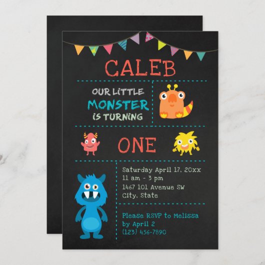 Kute Monster 1e verjaardag Chalkboard Banner Kaart (Voorkant / Achterkant)