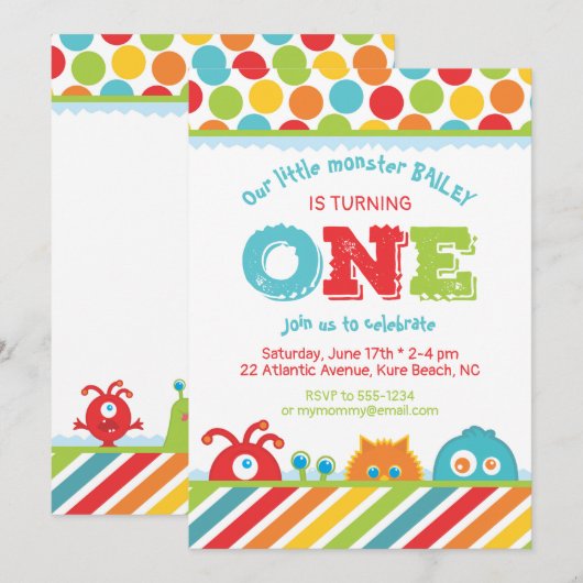 Kute monster 1e verjaardag kaart (Voorkant / Achterkant)