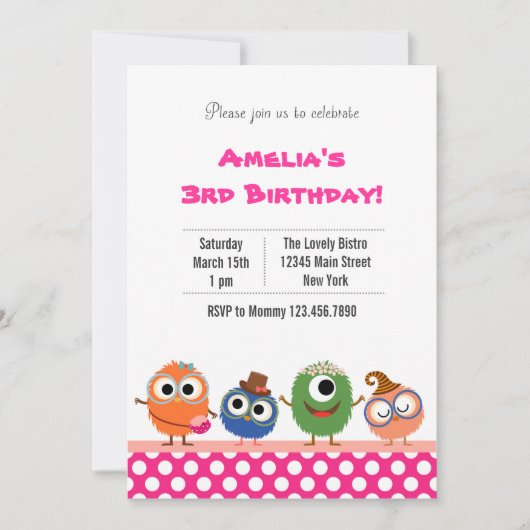 Kute Monster Birthday Party Invitation (roze) Kaart (Voorkant)