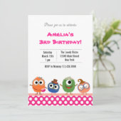 Kute Monster Birthday Party Invitation (roze) Kaart (Staand voorkant)