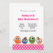 Kute Monster Birthday Party Invitation (roze) Kaart (Voorkant / Achterkant)