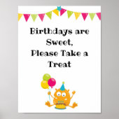 Kute Monster Birthday Party Sign Poster (Voorkant)