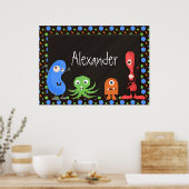 Kute monsters met donkere bruine achtergrond poster (Keuken)
