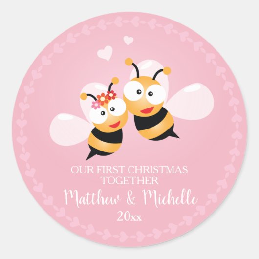 Kute Mr en Mrs Honey Bee eerste Kerstmis samen Ronde Sticker (Voorkant)
