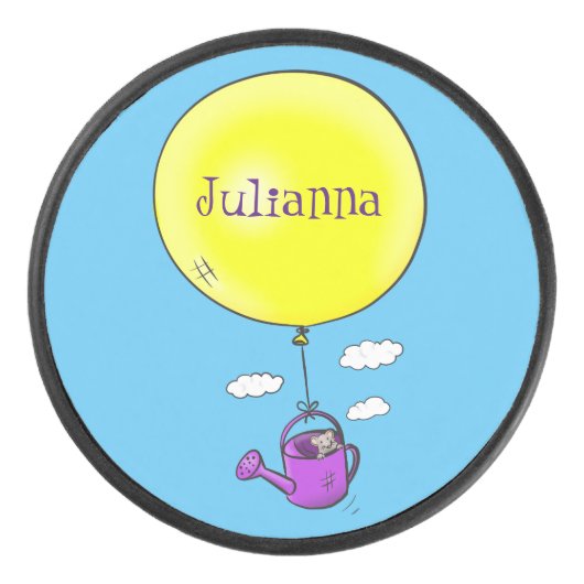 Kute muis in watering kan met ballon cartoon hockey puck (Voorkant)
