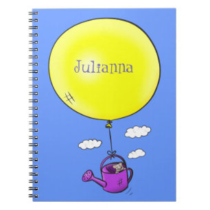 Kute muis in watering kan met ballon cartoon notitieboek