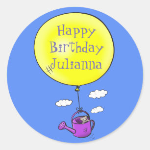 Kute muis in watering kan met ballon cartoon ronde sticker