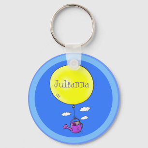 Kute muis in watering kan met ballon cartoon sleutelhanger