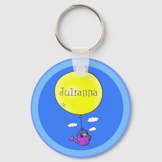 Kute muis in watering kan met ballon cartoon sleutelhanger (Voorkant)