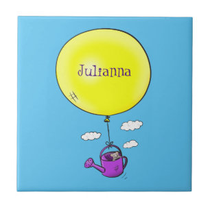 Kute muis in watering kan met ballon cartoon tegeltje