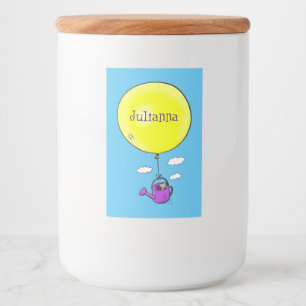 Kute muis in watering kan met ballon cartoon voedselcontainer etiket