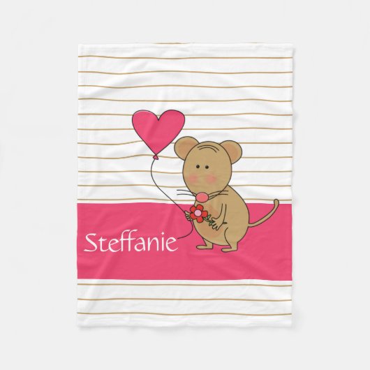 Kute muis met hartballon, voeg naam (roze) toe fleece deken (Voorkant)
