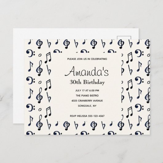 Kute Musical Notes Pattern Birthday Invitation Uitnodiging Briefkaart (Voorkant / Achterkant)