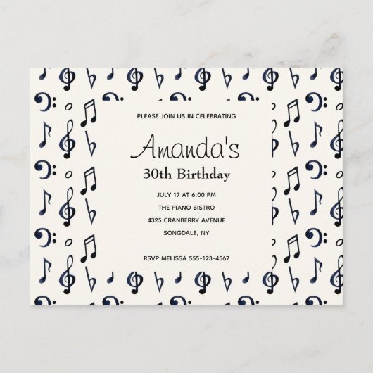 Kute Musical Notes Pattern Birthday Invitation Uitnodiging Briefkaart (Voorkant)