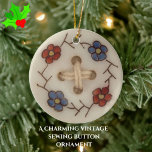 Kute  naaigarend Button met bloemen Keramisch Ornament<br><div class="desc">Voeg wat charme en waanzin aan uw huis toe met dit schattige keramische kerstboomornament, met een afbeelding van een geschilderde porseleineknop. De oorspronkelijke knop, die in Frankrijk aan het einde van de 19e eeuw werd gemaakt, is versierd met vier zoete bloemen (twee rode en twee blauwe) met gele centers. Een...</div>