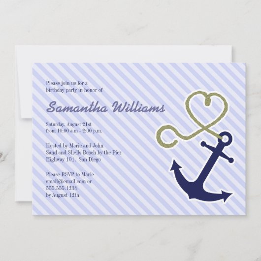 Kute Nautical Anchor Birthday Party Invitations Kaart (Voorkant)