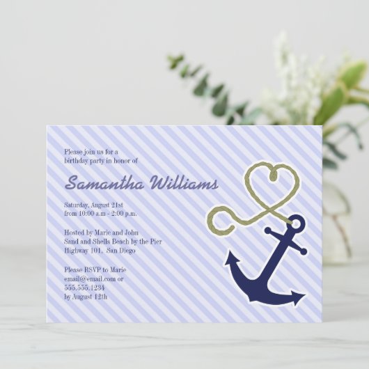 Kute Nautical Anchor Birthday Party Invitations Kaart (Staand voorkant)