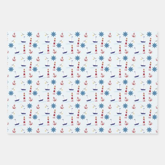 Kute Nautical Blue en Red Sailing Pattern Inpakpapier Vel (Voorkant 2)