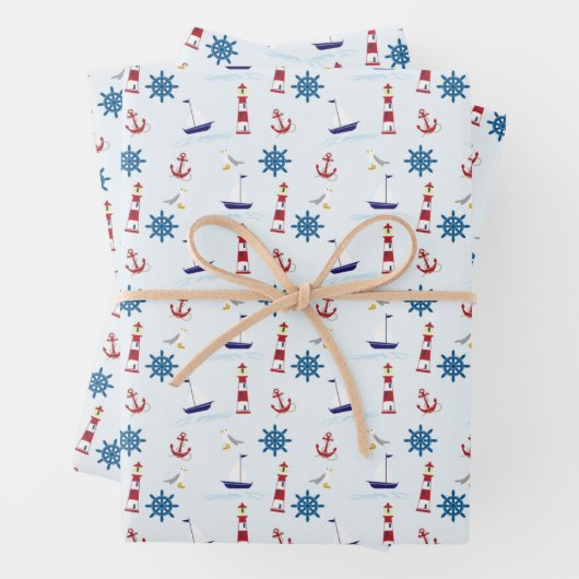 Kute Nautical Blue en Red Sailing Pattern Inpakpapier Vel (In situ)