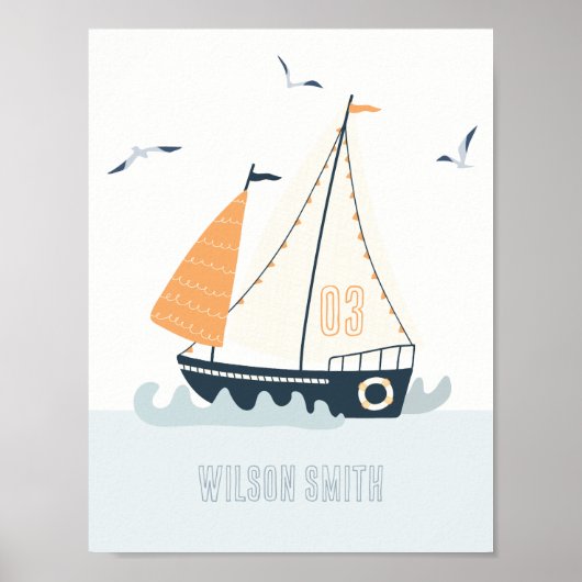 Kute Nautical Blue Sailboat Pastel Kinder Nursery Poster (Voorkant)
