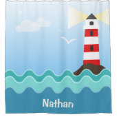 Kute Nautical Cartoon Lighthouse Ocean met naam Douchegordijn (Voorkant)