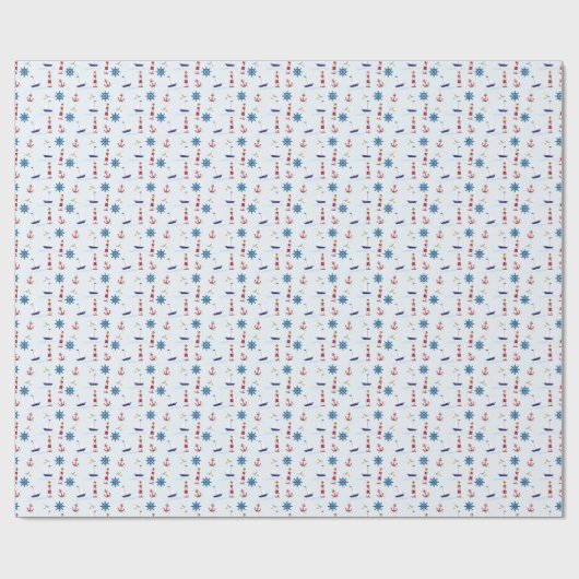 Kute Nautical Lighthouse Ship and Zee Gull Blue Cadeaupapier (Vlak)