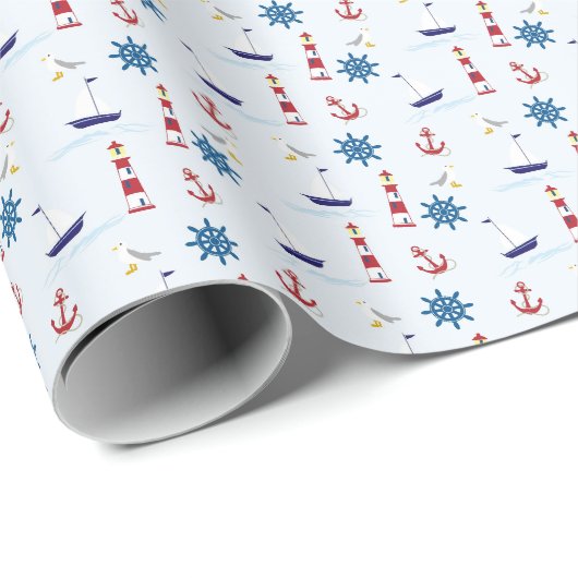 Kute Nautical Lighthouse Ship and Zee Gull Blue Cadeaupapier (Rol Hoek)