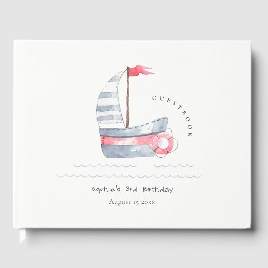 Kute Nautical Soft Red Blue Sailboat Kids Birthday Gastenboek (Voorkant)