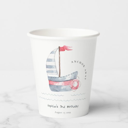 Kute Nautical Soft Red Blue Sailboat Kids Birthday Papieren Bekers (Voorkant)