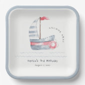 Kute Nautical Soft Red Blue Sailboat Kids Birthday Papieren Bordje (Voorkant)
