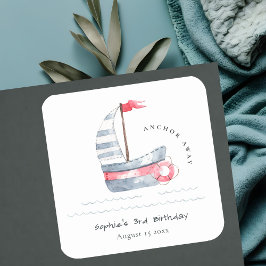 Kute Nautical Soft Red Blue Sailboat Kids Birthday Vierkante Sticker