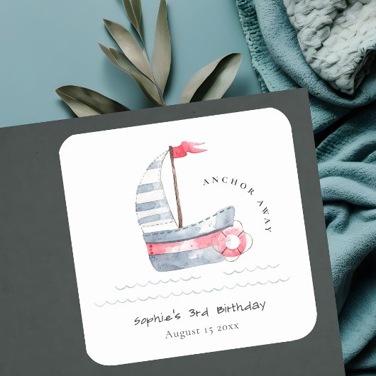 Kute Nautical Soft Red Blue Sailboat Kids Birthday Vierkante Sticker