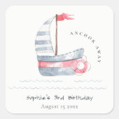 Kute Nautical Soft Red Blue Sailboat Kids Birthday Vierkante Sticker (Voorkant)