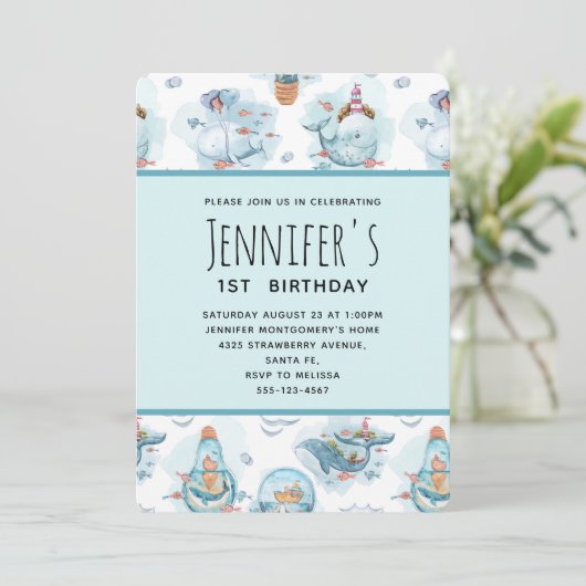 Kute Nautical Whales Waterverf Pattern Birthday Kaart (Staand voorkant)