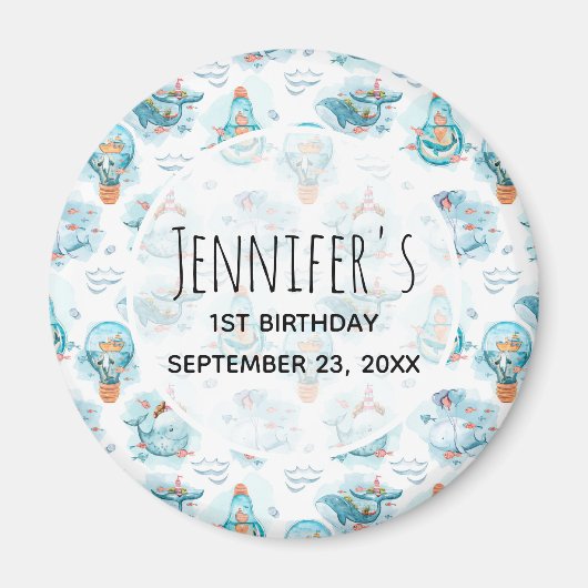 Kute Nautical Whales Waterverf Pattern Birthday Magneet (Voorkant)