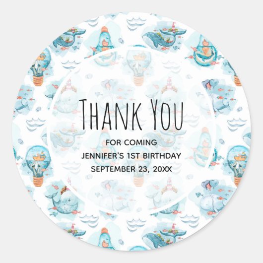Kute Nautical Whales Waterverf Pattern Birthday Ronde Sticker (Voorkant)