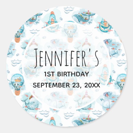 Kute Nautical Whales Waterverf Pattern Birthday Ronde Sticker (Voorkant)