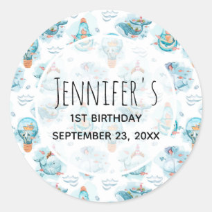 Kute Nautical Whales Waterverf Pattern Birthday Ronde Sticker