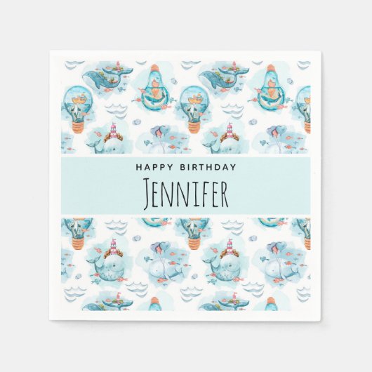 Kute Nautical Whales Waterverf Pattern Birthday Servet (Voorkant)